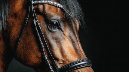 Close-up view of a brown horse wearing a bridle against a dark background showcasing its expressive eye and sleek coat
