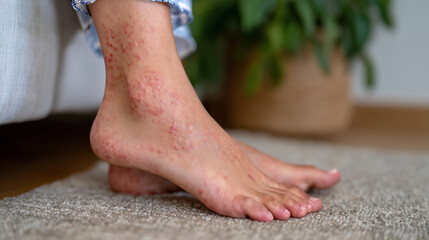 Soft-focus clinical-style image of ankle affected by psoriasis, positioned on a neutral cushion, illuminated by even white light,