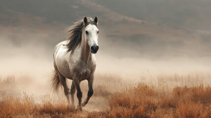 Majestic white horse gallops through a misty field at dawn, capturing the beauty of nature in motion