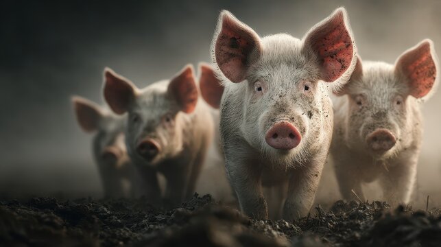 Pigs walking together in a muddy field during early morning light