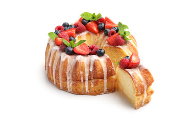 Delicious bundt cake with berries, glaze and mint isolated on white