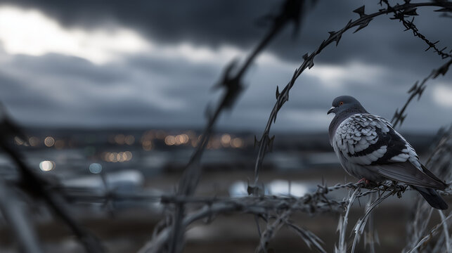 Pigeon alone in the wind on a swaying wire, vast prison yard below enclosed in barbed metal barriers, brooding clouds filling the horizon,