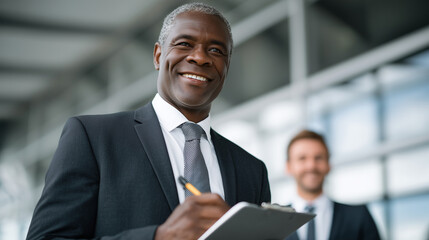 Fototapeta premium Professional Black man drawing flowcharts on whiteboard as colleague stands nearby holding a notebook, sunlight pouring through wide office windows,