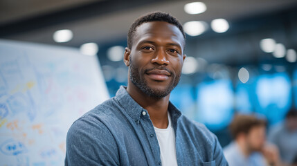 Focused Black man jotting ideas on a whiteboard, vibrant diagrams and notes visible, colleague leaning forward in interest, contemporary workspace with sleek furniture,