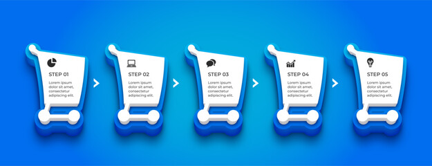 Shopping cart style blue infographic design with five editable business steps © luvinda