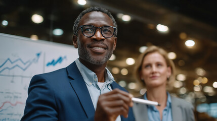 Office scene with Black man adding data to whiteboard, diagrams and arrows connecting ideas, colleague watching closely, soft warm light illuminating the space,