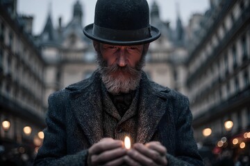 Mysterious elderly man in vintage coat and bowler hat lighting fire in hands, symbol of The Magician Tarot card, Major Arcana, power, focus, will, transformation, winter urban scene