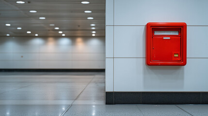 Vibrant red fire alarm box contrasted against smooth white wall, long office corridor with polished tiles and ceiling lights, symbolizing emergency readiness in corporate environme