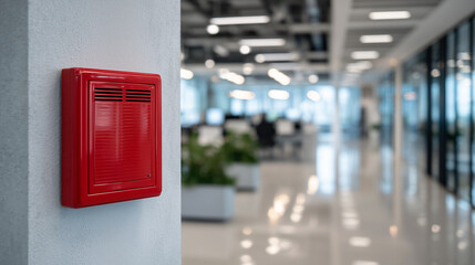 Vibrant red fire alarm box contrasted against smooth white wall, long office corridor with polished tiles and ceiling lights, symbolizing emergency readiness in corporate environme