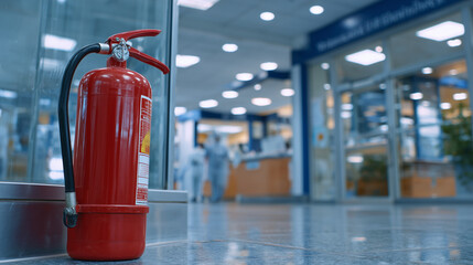 Red fire extinguisher securely placed inside transparent cabinet mounted on clean hospital wall, polished floors reflecting soft fluorescent lighting, emphasizing healthcare safety