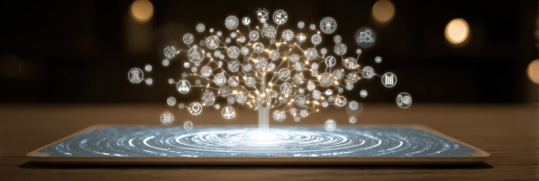 Digital Tree Representing Knowledge and Growth With Light Effects in a Dark Setting