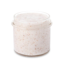 Natural body scrub in glass jar isolated on white