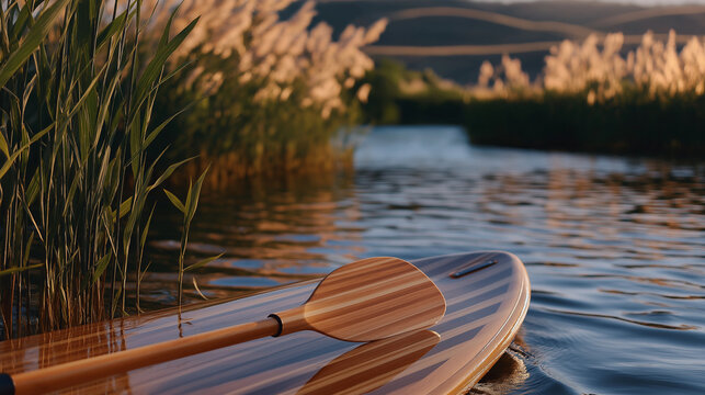 Couple paddleboarding on a summer lake with reeds and soft light