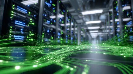Modern data center interior with multiple connected server racks, vibrant green cables forming intricate patterns, LED lights glowing, conveying sense of digital connectivity,