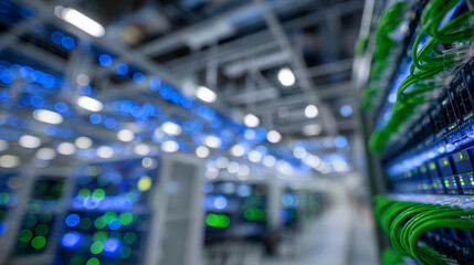 Close-up perspective of server racks in modern data center, vibrant green cables neatly organized, ambient blue and white lighting emphasizing advanced technology and high-capacity
