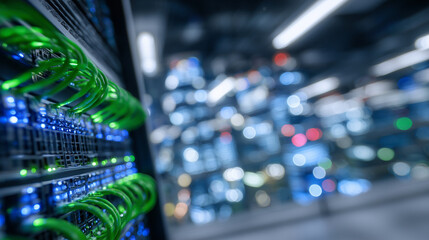 Close-up perspective of server racks in modern data center, vibrant green cables neatly organized, ambient blue and white lighting emphasizing advanced technology and high-capacity