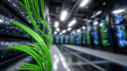 Side view of multiple server racks in modern data center, vibrant green cables prominently displayed, sleek black panels and soft lighting emphasizing high-tech infrastructure,