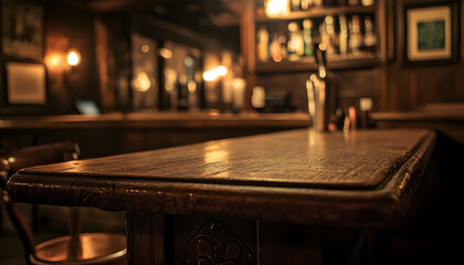 Obraz premium The antique wood desk is in the foreground, while the bar's dim lighting is out of focus in the background.