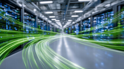 Panoramic view of data center with symmetrical rows of servers, green cables creating a dynamic visual flow, bright and clean futuristic tech space,