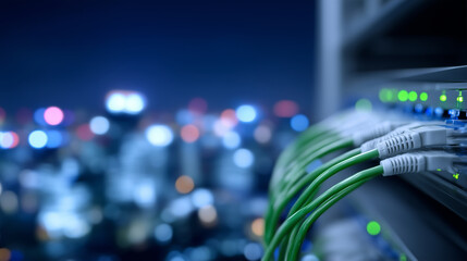 Close-up of server connections with green-lit network cables, focused depth of field showing cable details, blurred data center lights in background,