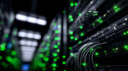 Detailed close-up of Ethernet cables connected to black server rack, green status lights indicating active connections, polished rack surfaces enhancing depth,