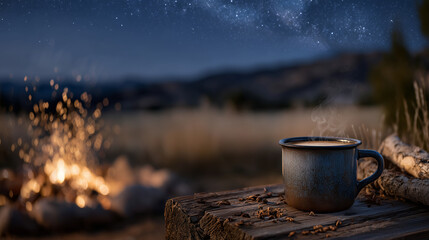 Rustic metal cup resting on wooden log beside campfire, sparks drifting upward, dark sky filled with stars enhancing peaceful camping atmosphere,