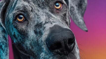 Close-up of a great dane with striking eyes against a colorful background during twilight hours