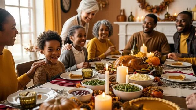 Traditional festive Thanksgiving turkey dinner. Black family Cheers Celebrating Thanksgiving Holiday Concept. 