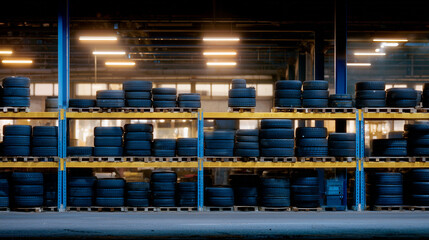 Industrial shelving holding multiple tires, stacked uniformly, fluorescent lights reflecting on rubber surfaces, emphasizing readiness for tire replacement,