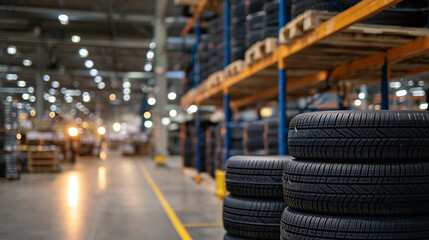 Obraz premium Neatly stacked tires on metal shelving units in automotive supply warehouse, warm lighting highlighting industrial organization and efficiency,