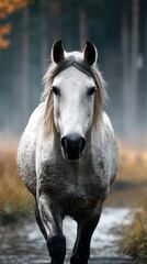 Obraz premium Majestic white horse walks through misty forest stream at dawn