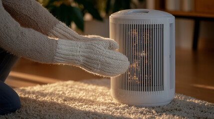 Person wearing thick gloves adjusting portable heater, soft golden light on carpeted floor and nearby objects, cozy and relaxing indoor winter environment,
