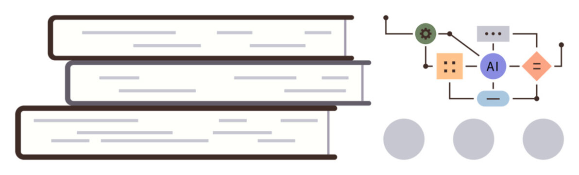 Stacked books alongside an algorithm flowchart symbolize AI and machine learning principles. Ideal for education, technology, innovation, knowledge, data analysis, learning systems, digital