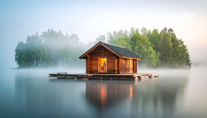 Obraz premium Serene cabin rests on tranquil lake