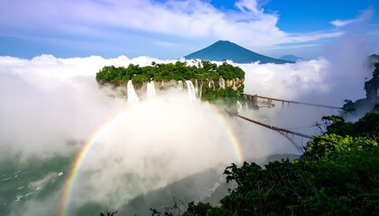 Sky island waterfalls with rainbow mist