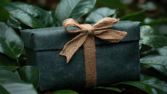 Elegant Gift Box with Rustic Bow Amidst Lush Greenery