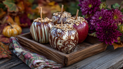 Caramel apples with chocolate swirls and nut topping, arranged on wooden tray, surrounded by autumn harvest decorations, sweet festival dessert,