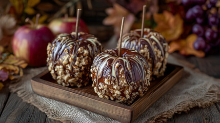 Caramel apples with chocolate swirls and nut topping, arranged on wooden tray, surrounded by autumn harvest decorations, sweet festival dessert,