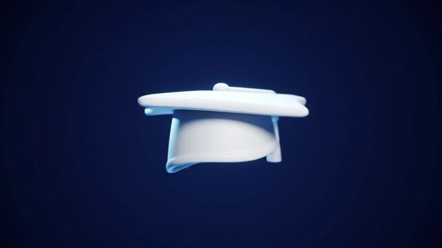 Floating 3D graduation cap spinning endlessly in elegant minimal animation.
