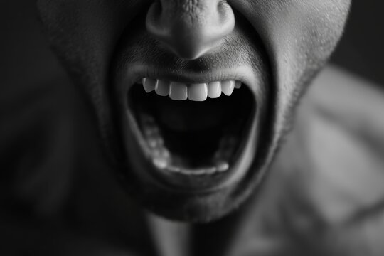 Close-up of a man screaming with wide open mouth showing teeth. Expressing fear, anger, or pain. Emotion concept.