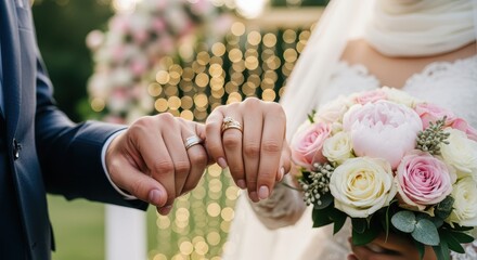 Close-up of a wedding couple exchanging rings, with a beautiful bouquet in the background.
