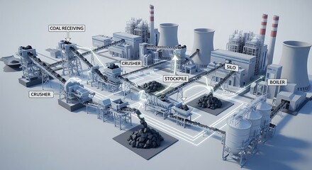 Detailed isometric schematic of a coal-fired power plant illustrating the energy generation process flow.