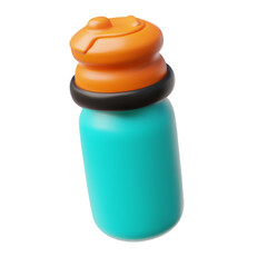 Sport bottle of clean water 3D cartoon plastic style vector icon, blue and orange plastic fitness bottle, gym flask