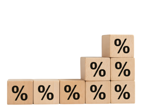 Percentage Growth and Finance Statistics Concept with Wooden Blocks Cut Out PNG.