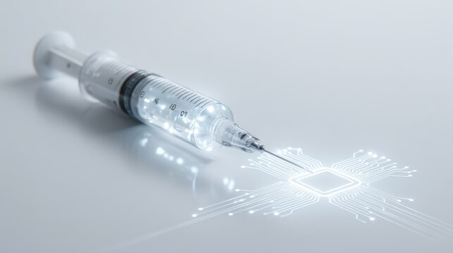 Futuristic Syringe with Electronic Circuit Design on Modern Background