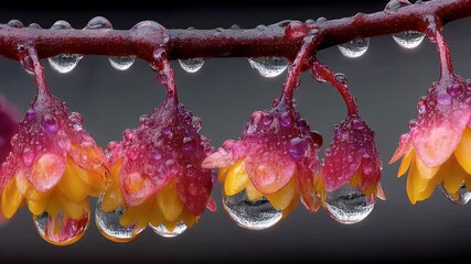Exquisite Macro Journey: Glistening Water Droplets on Vibrant Red and Yellow Flowers - Powered by Adobe