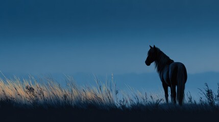 Horse standing in silhouette against a twilight sky near grassland during dusk