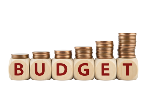 Budget Planning and Financial Management Concept with Coin Stacks and Jars Cut Out PNG.