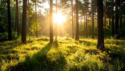 Fototapeta premium Sunset in Pine Forest.