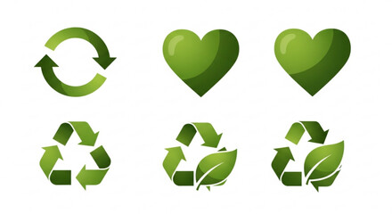Green Recycling Symbols and Hearts on White, Eco-Friendly, Sustainable Living